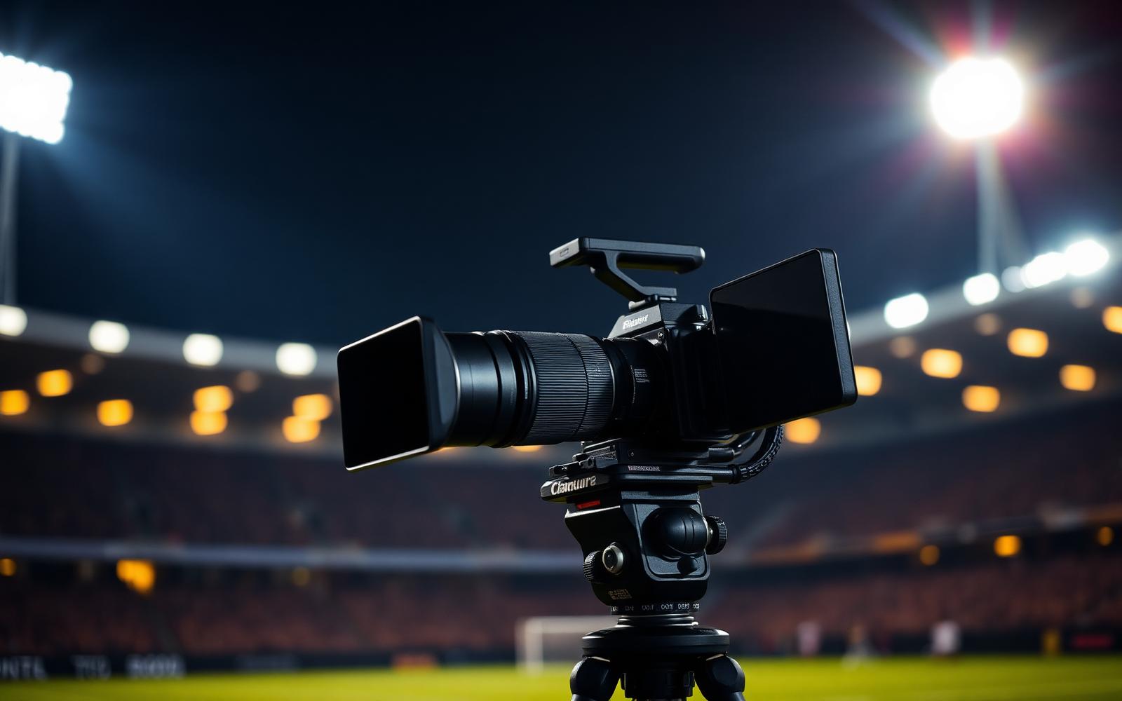 Câmera profissional filmando estádio de futebol à noite